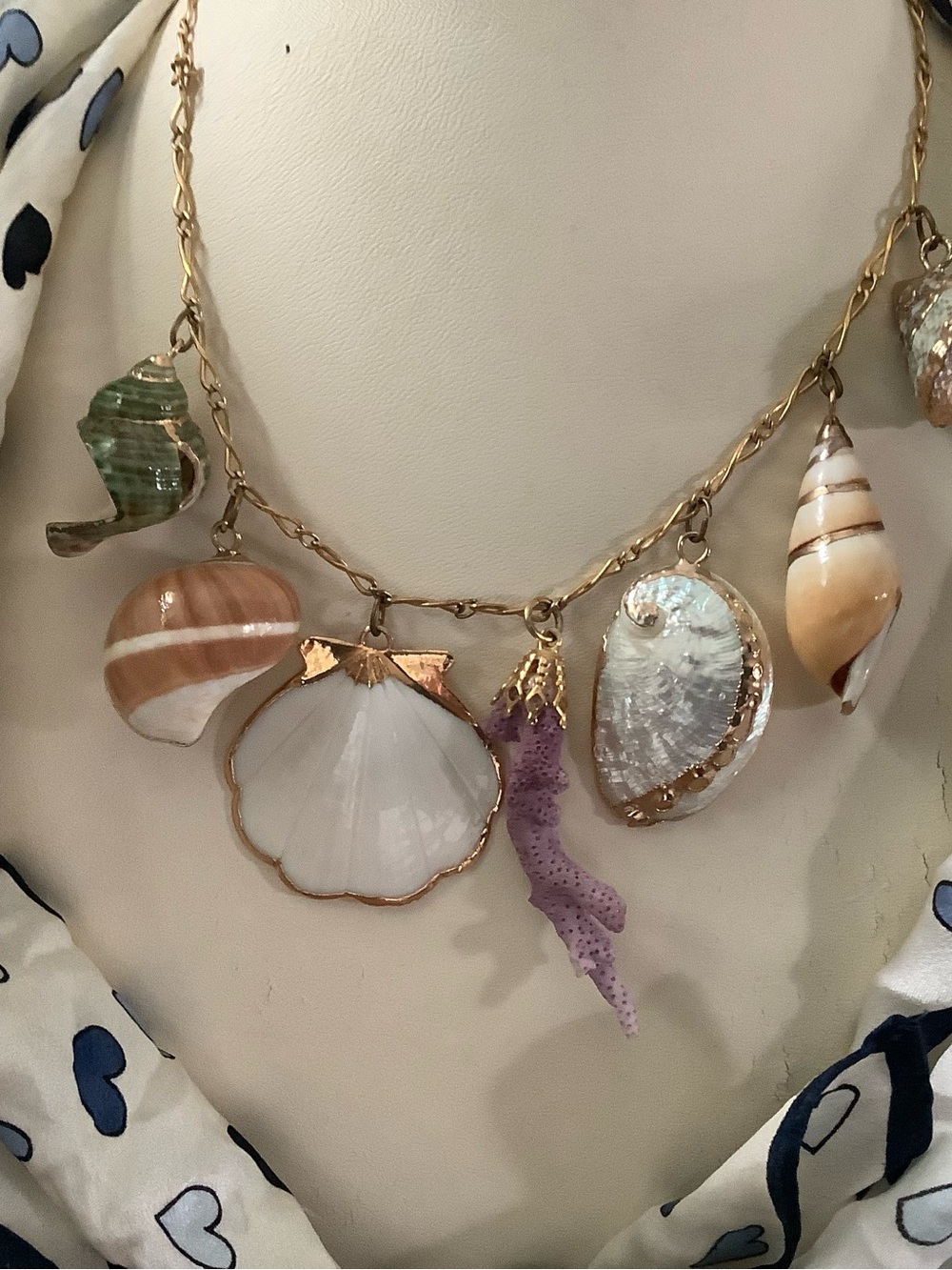 Vintage Gold-tone Seashell & Coral Charm Necklace with White, Purple, Green, Tan